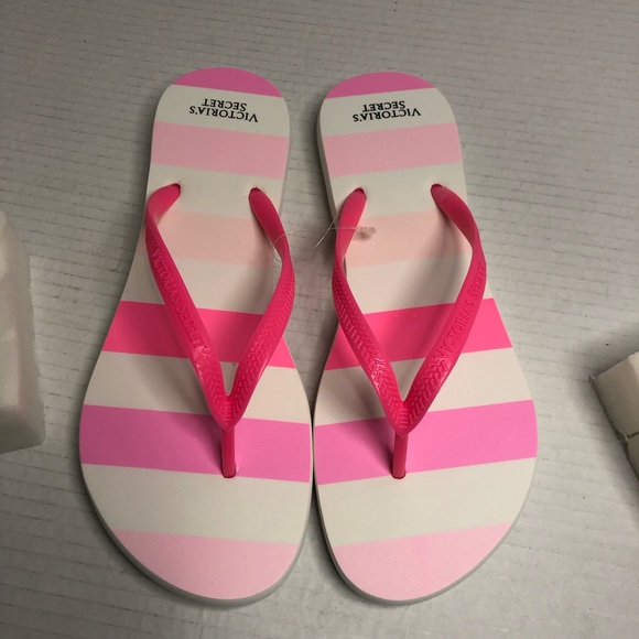 Victorias Secret Flip Flops New Medium (8-9) Striped Pink White Sandals - Picture 1 of 5